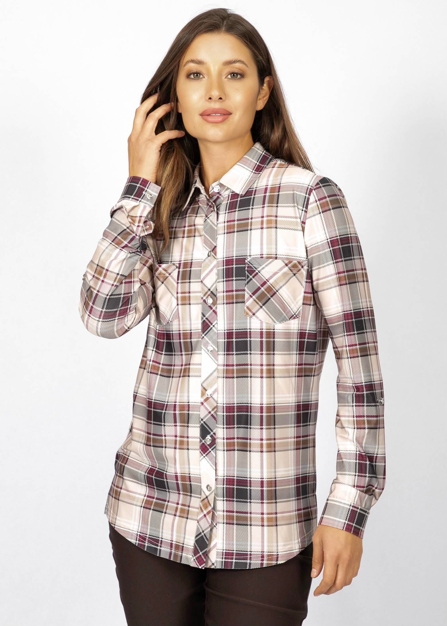 Chemise boutonnée à carreaux de la nouvelle collection Linea Domani, 95% polyester, 5% spandex, en promotion chez Boutiques Marise