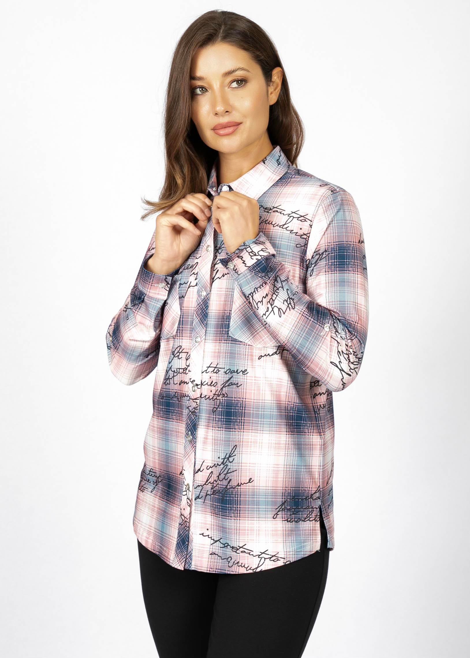 Chemise boutonnée à carreaux de la nouvelle collection Linea Domani, 95% polyester, 5% spandex, en promotion chez Boutiques Marise