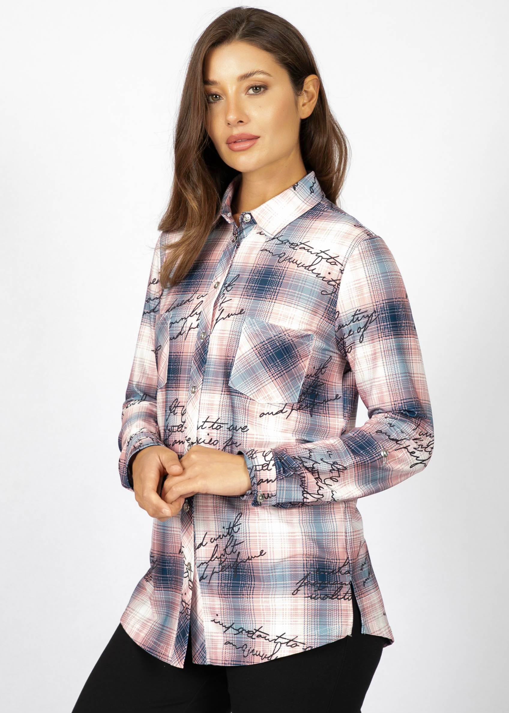 Chemise boutonnée à carreaux de la nouvelle collection Linea Domani, 95% polyester, 5% spandex, en promotion chez Boutiques Marise