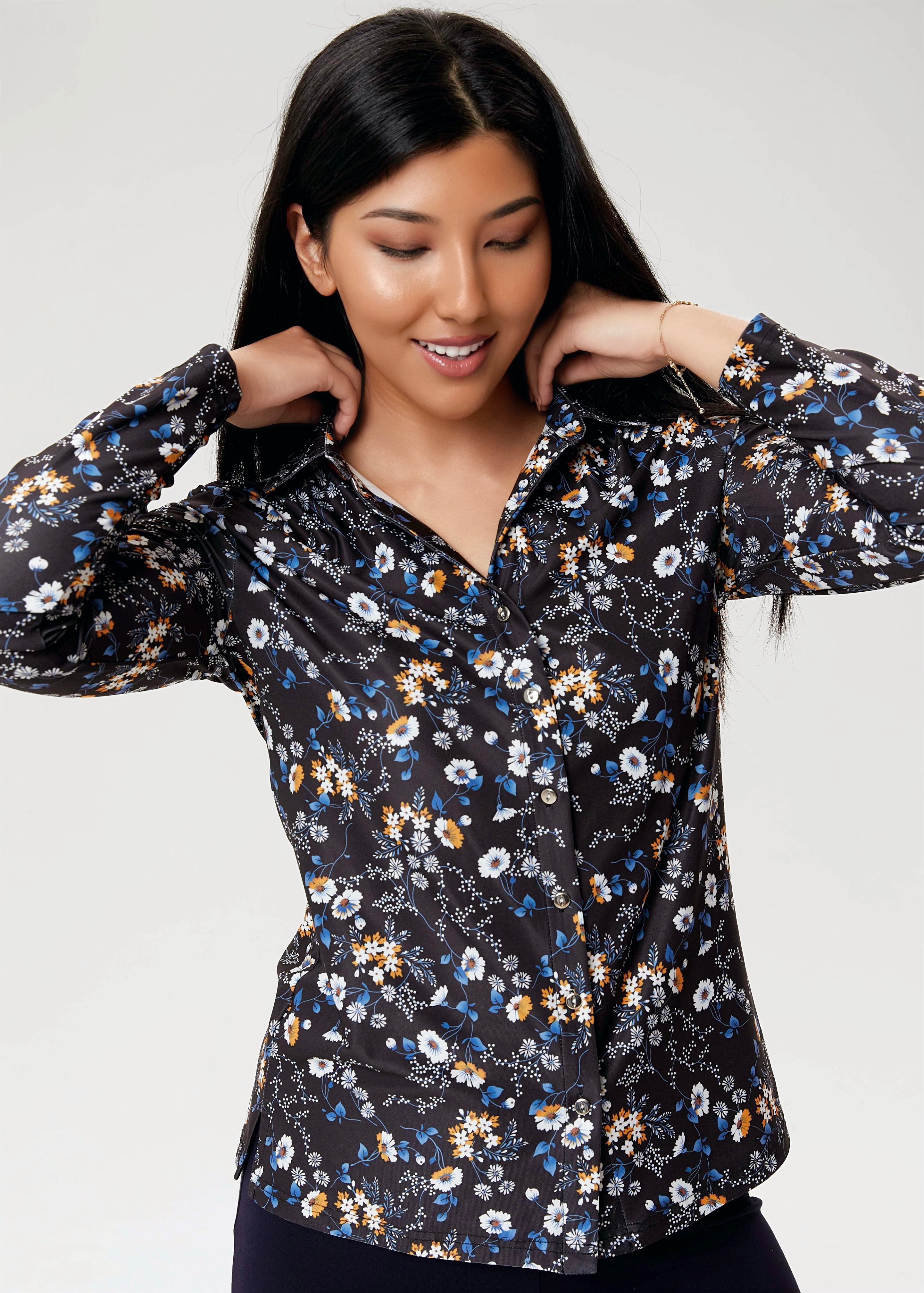 Blouse à imprimé floral à manches longues et décolleté en V de la nouvelle collection Linea Domani chez Boutiques Marise