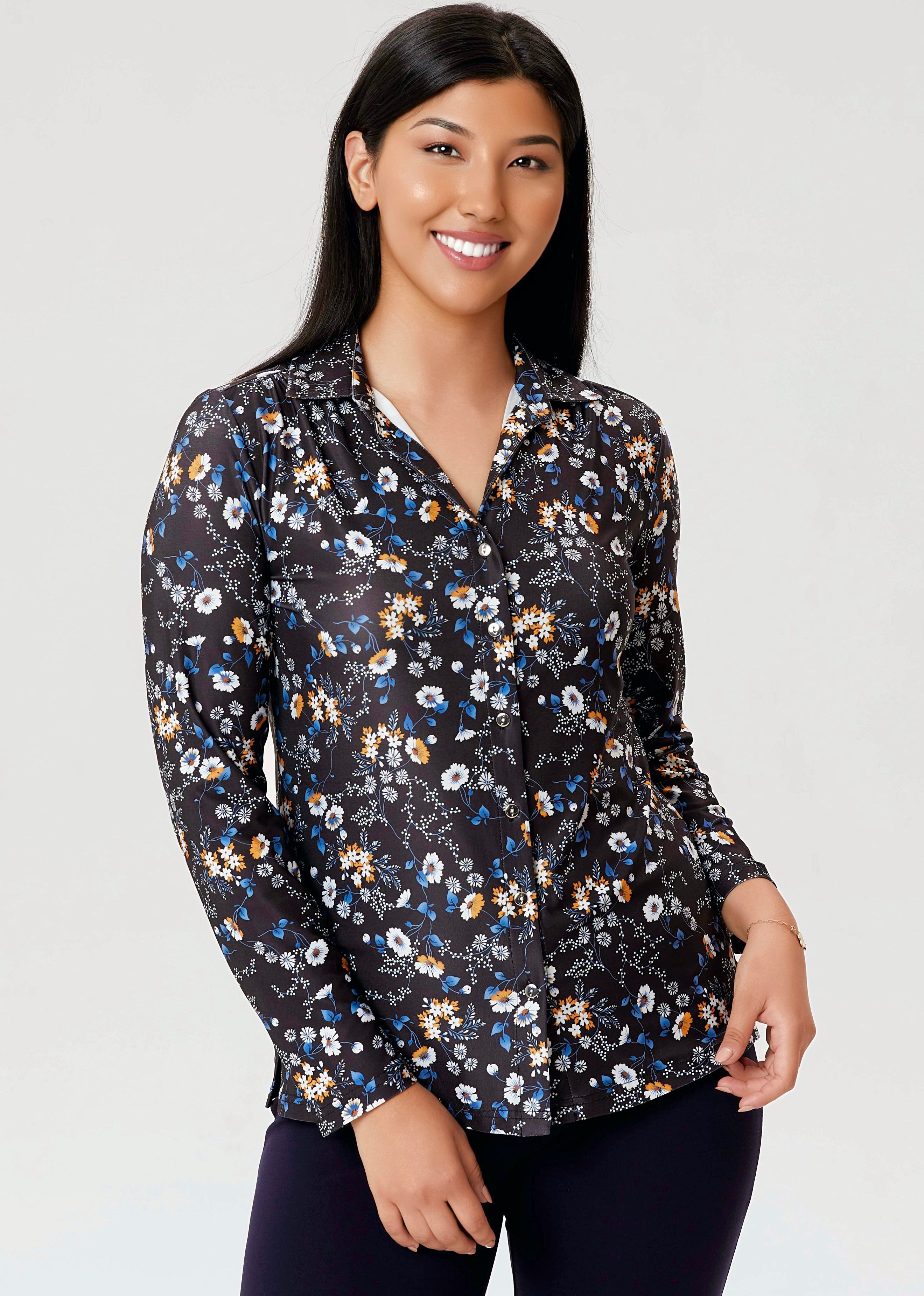 Blouse à imprimé floral à manches longues et décolleté en V de la nouvelle collection Linea Domani chez Boutiques Marise